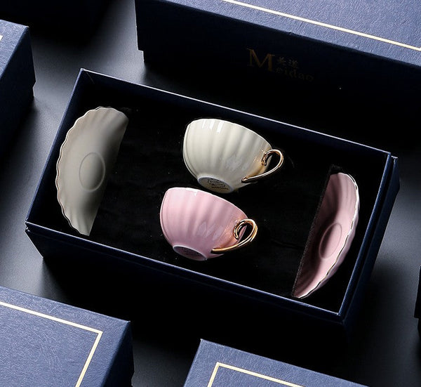 Macaroon Ceramic Coffee Cups, 6.8 oz Tea Cup and Saucer Set of 2 Cups in Gift Box as Birthday Gift, Beautiful Elegant British Tea Cups, Creative Porcelain Tea Cup Set-Silvia Home Craft