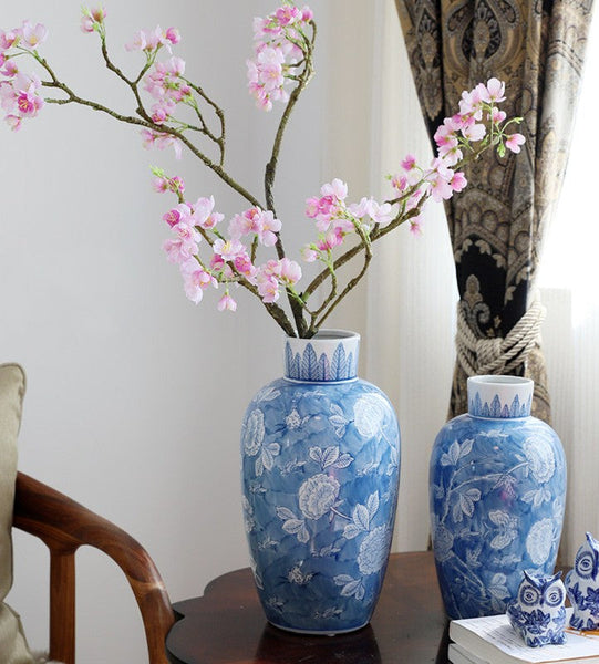 Centerpiece Ceramic Bouquet Vases, Handmade Modern Flower Vase, Large Flower Vases on Dining Table, Blue Porcelain Flower Vases-Silvia Home Craft