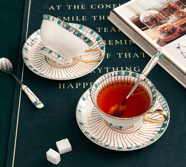 Unique Tea Cup and Saucer in Gift Box, Elegant British Ceramic Coffee Cups, Bone China Porcelain Tea Cup Set for Office, Green Ceramic Cups-Silvia Home Craft