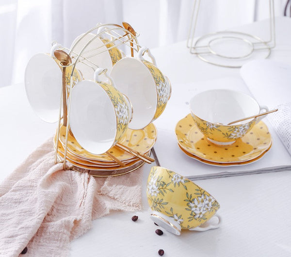 Creative Yellow Ceramic Coffee Cups, Unique Flower Coffee Cup and Saucer, Beautiful British Tea Cups, Creative Porcelain Tea Cup Set-Silvia Home Craft
