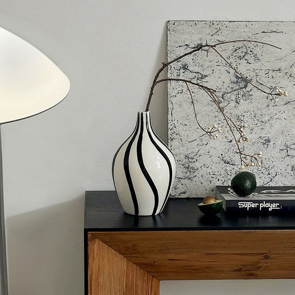 Water Holding Flower Vases, Black and White Striped Ceramic Vase, Porcelain Flower Vases, Modern Flower Vases on Table-Silvia Home Craft