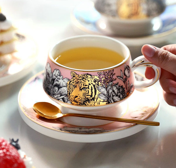 Handmade Ceramic Cups with Gold Trim and Gift Box, Jungle Tiger Cheetah Porcelain Coffee Cups, Creative Ceramic Tea Cup and Saucer-Silvia Home Craft