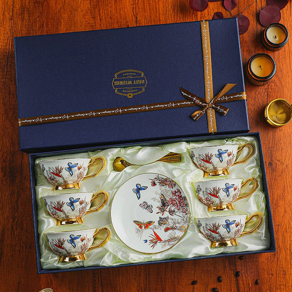 Ceramic Coffee Cups in Gift Box, Butterfly Pattern Porcelain Tea Cup and Saucer Set, British Traditional Afternoon Tea Cup and Saucer Set-Silvia Home Craft
