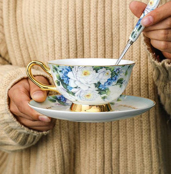 Royal Porcelain Tea Cup Saucer Set, Rose Flower Pattern Ceramic Cups, 7.4 oz British Ceramic Coffee Cups, Unique Tea Cup and Saucer in Gift Box-Silvia Home Craft