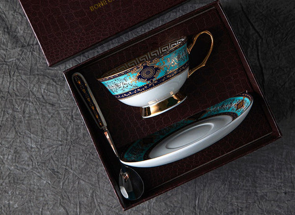 Unique Tea Cup and Saucer in Gift Box, 7.4 oz British Ceramic Coffee Cups, Porcelain Tea Cup Set for Office-Silvia Home Craft