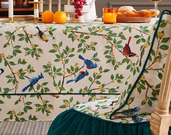 Large Modern Rectangle Tablecloth for Dining Room Table, Bird Flower Pattern Farmhouse Table Cloth, Square Tablecloth for Round Table-Silvia Home Craft