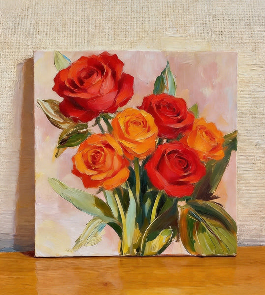 Small Canvas Artwork, Still Life Painting, Hand Painted Canvas Art, A Bunch of Blooming Rose Flowers, Original Flower Paintings, Buy Small Paintings Online-Silvia Home Craft
