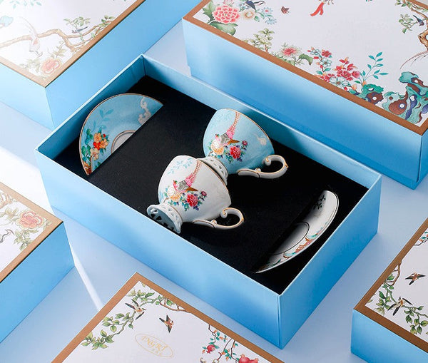 Elegant Oriental Pheasant Ceramic Cups, Beautiful Bird Pattern Tea Cups, 8 oz Porcelain Tea Cup Saucer Set of 2 Cups, Unique Tea Cup and Saucer in Gift Box-Silvia Home Craft