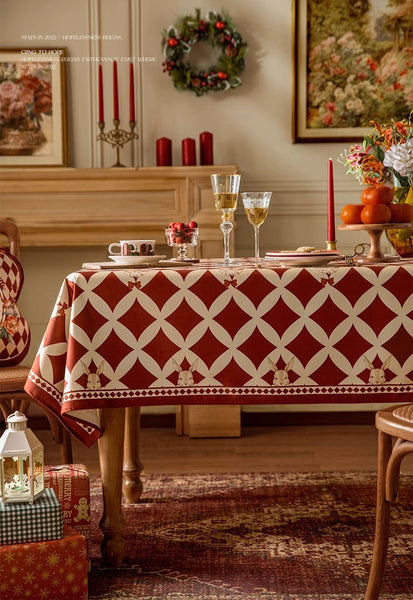 Holiday Red Tablecloth for Dining Table, Rabbit Pattern Table Cover for Dining Room Table, Modern Rectangle Tablecloth for Oval Table-Silvia Home Craft