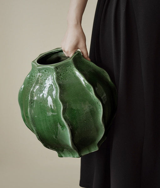 Handmade Modern Flower Vase, Centerpiece Ceramic Bouquet Vases, Large Contemporary Vases on Dining Table, Green Porcelain Vases for Modern Home Decor-Silvia Home Craft