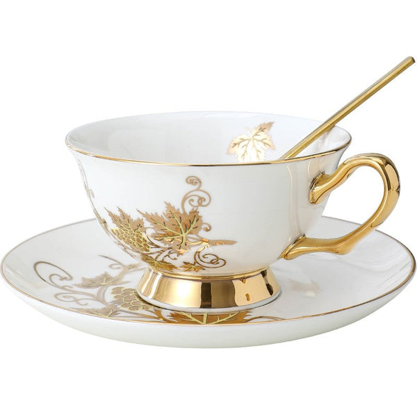 Elegant British Ceramic Coffee Cups, 7.4 oz Golden Leaves and Grapes Porcelain Tea Cup Saucer Set, Unique British Tea Cup and Saucer in Gift Box-Silvia Home Craft
