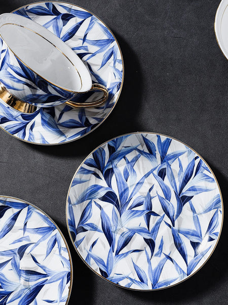 Blue Porcelain Tea Cup Saucer Set, 7.4 oz British Ceramic Coffee Cups, Unique British Tea Cup and Saucer in Gift Box-Silvia Home Craft