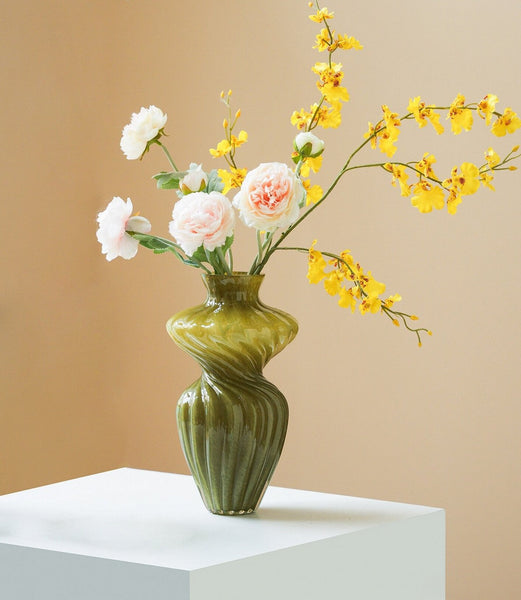 Unique Decorative Glass Vase, Centerpiece Vases on Table, Handmade Contemporary Glass Vases, Modern Green Vases for Living Room, Mid Century Vases for Flowers-Silvia Home Craft
