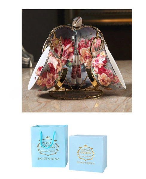 Ceramic Tea Cup and Saucer in Gift Box, Rose Flower Royal Porcelain Tea Cup Saucer Set, Elegant Ceramic Coffee Cups, Beautiful British Tea Cups-Silvia Home Craft