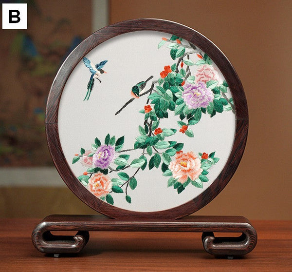 Creative Birthday Gift, Premium Souvenir, Elegant Silk Embroidery Ornaments, Traditional Chinese Suzhou Flower and Birds Silk Embroidery, Exclusive Business Presents-Silvia Home Craft