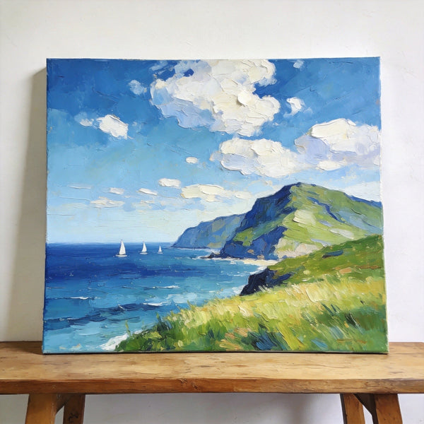Hand Painted Canvas Art, Sailboats Beneath the Coastal Clouds, Original Small Paintings, Original Oil Paintings, Buy Small Artwork Online, Small Canvas Wall Art Paintings-Silvia Home Craft