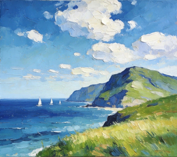 Hand Painted Canvas Art, Sailboats Beneath the Coastal Clouds, Original Small Paintings, Original Oil Paintings, Buy Small Artwork Online, Small Canvas Wall Art Paintings-Silvia Home Craft