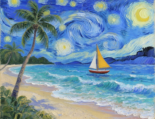 Starry Night by the Sea, Original Oil Paintings, Small Landscape Paintings, Small Oil Paintings on Canvas, Small Paintings on Canvas, Hand Painted Canvas Art-Silvia Home Craft