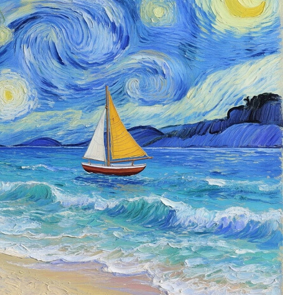 Starry Night by the Sea, Original Oil Paintings, Small Landscape Paintings, Small Oil Paintings on Canvas, Small Paintings on Canvas, Hand Painted Canvas Art-Silvia Home Craft