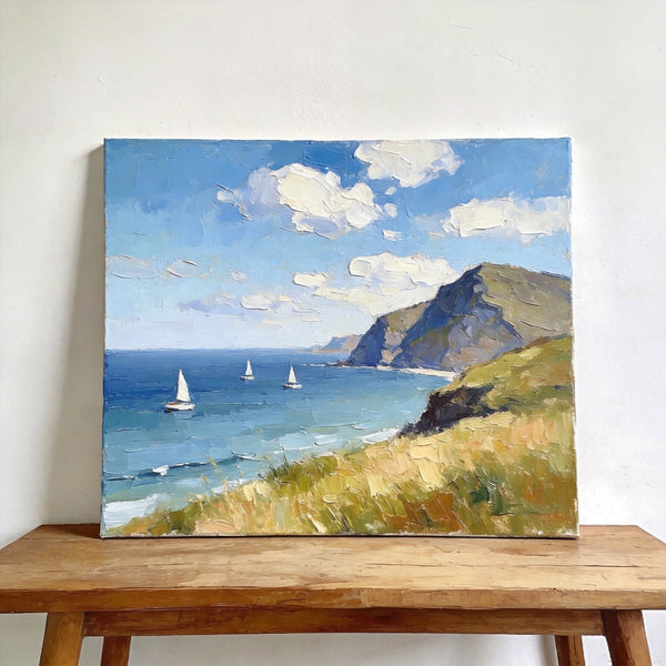 Impressions of a Sunny Seaside Day, Hand Painted Canvas Art, Original Seascape Paintings, Original Oil Paintings, Buy Small Artwork Online, Small Canvas Wall Art Paintings-Silvia Home Craft