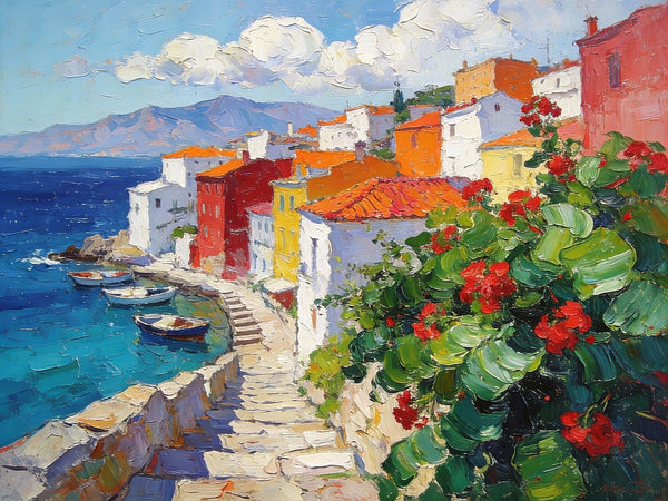 The Quiet Seaside Town, Summer Resort, On Canvas Small Paintings, Hand Painted Canvas Art, Small Landscape Paintings, Original Oil Paintings, Small Wall Art Paintings-Silvia Home Craft