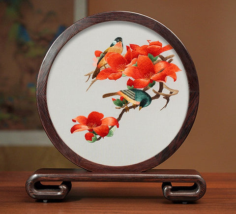 Beautiful Flower and Birds Silk Embroidery Ornaments, Traditional Chinese Suzhou Silk Embroidery, Exclusive Business Presents, Creative Birthday Gift, Premium Souvenir-Silvia Home Craft
