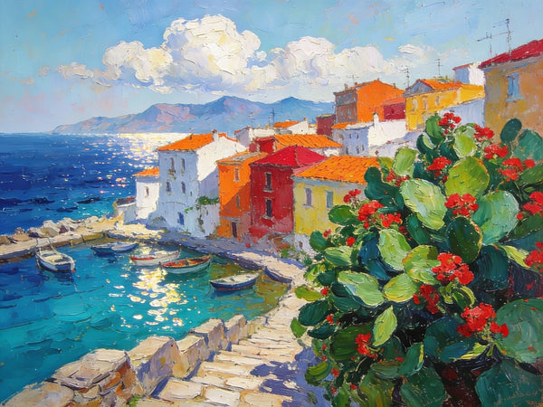 Small Canvas Art, Vibrant Coastal Village, Colorful Houses by the Sea, Original Wall Paintings, On Canvas Small Paintings, Original Artwork Small Paintings, Small Landscape Paintings-Silvia Home Craft