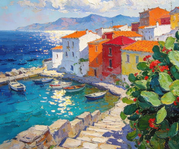 Small Canvas Art, Vibrant Coastal Village, Colorful Houses by the Sea, Original Wall Paintings, On Canvas Small Paintings, Original Artwork Small Paintings, Small Landscape Paintings-Silvia Home Craft