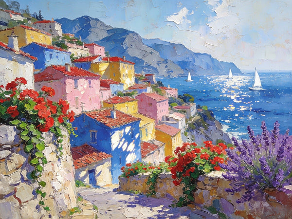 Scenery of a Mediterranean Seaside Resort, Palette Knife Artwork, Small Landscape Paintings, Small Oil Paintings on Canvas, Hand Painted Canvas Art, Original Oil Paintings-Silvia Home Craft