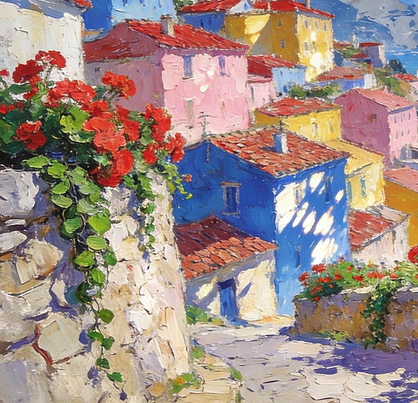 Scenery of a Mediterranean Seaside Resort, Palette Knife Artwork, Small Landscape Paintings, Small Oil Paintings on Canvas, Hand Painted Canvas Art, Original Oil Paintings-Silvia Home Craft