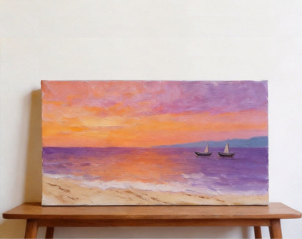 Original Seascape Paintings, Amber Dusk Over the Quiet Shore, Sunset Paintings, Small Canvas Wall Art Paintings, Hand Painted Canvas Art-Silvia Home Craft