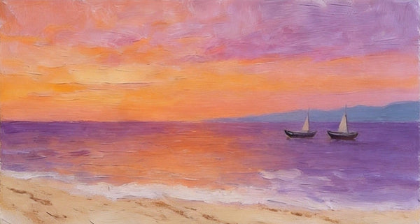 Original Seascape Paintings, Amber Dusk Over the Quiet Shore, Sunset Paintings, Small Canvas Wall Art Paintings, Hand Painted Canvas Art-Silvia Home Craft