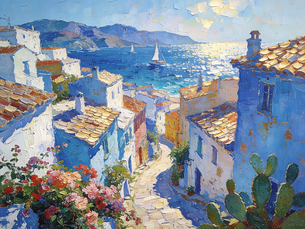 Small Oil Paintings on Canvas, A Mediterranean Seaside Resort Town, Hand Painted Canvas Art, Impasto Artwork, Original Oil Paintings, Small Landscape Paintings on Wall-Silvia Home Craft