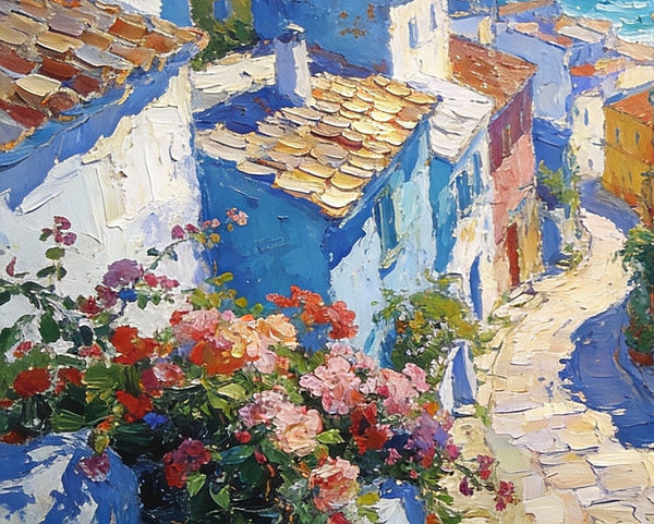Small Oil Paintings on Canvas, A Mediterranean Seaside Resort Town, Hand Painted Canvas Art, Impasto Artwork, Original Oil Paintings, Small Landscape Paintings on Wall-Silvia Home Craft