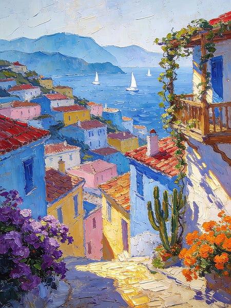 A Seaside Town on the Mediterranean, Seashore Beach, Small Landscape Paintings, Impasto Paintings, Small Paintings on Canvas, Palette Knife Oil Paintings, Original Small Paintings on Canvas-Silvia Home Craft