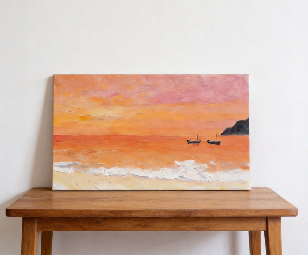Hand Painted Canvas Artwork, Small Canvas Wall Art Paintings, Sunset Paintings, Boats Adrift in Sunset Glow, Original Seascape Paintings-Silvia Home Craft
