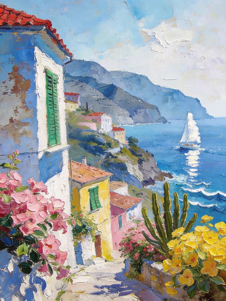 Summer in a Seaside Town, Original Artwork Small Paintings, On Canvas Small Paintings, Palette Knife Artwork, Landscape Canvas Paintings, Hand Painted Canvas Art-Silvia Home Craft