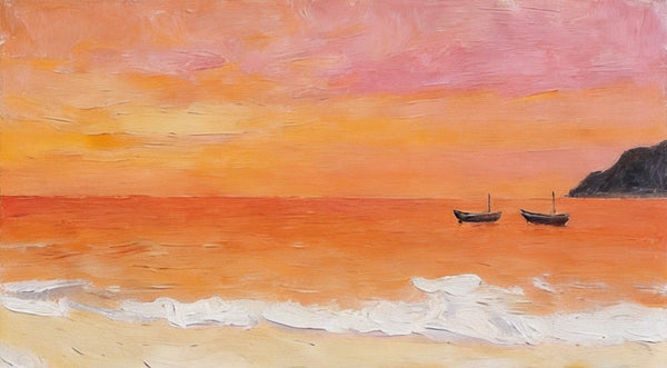 Hand Painted Canvas Artwork, Small Canvas Wall Art Paintings, Sunset Paintings, Boats Adrift in Sunset Glow, Original Seascape Paintings-Silvia Home Craft