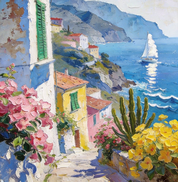 Summer in a Seaside Town, Original Artwork Small Paintings, On Canvas Small Paintings, Palette Knife Artwork, Landscape Canvas Paintings, Hand Painted Canvas Art-Silvia Home Craft
