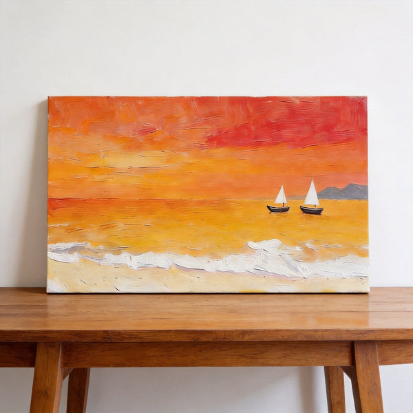 Small Canvas Wall Art Paintings, Original Seascape Paintings, Sailing into the Tangerine Dusk, Seashore Sunset Paintings, Hand Painted Canvas Art-Silvia Home Craft