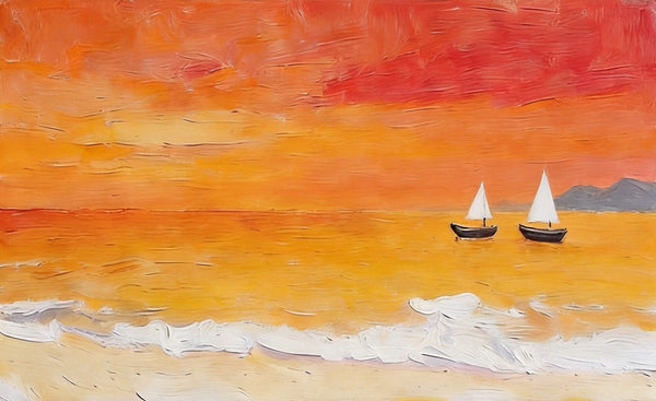 Small Canvas Wall Art Paintings, Original Seascape Paintings, Sailing into the Tangerine Dusk, Seashore Sunset Paintings, Hand Painted Canvas Art-Silvia Home Craft
