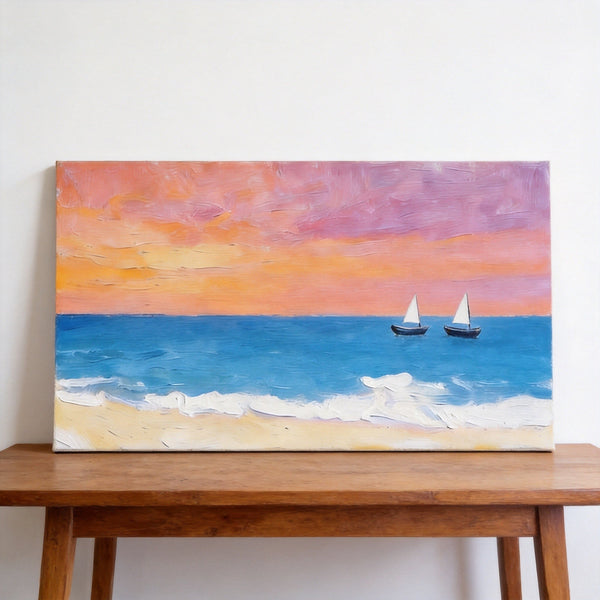 Sunset Paintings, Tranquil Blue Sea at Sunset, Original Seascape Paintings, Small Canvas Wall Art Paintings, Hand Painted Canvas Artwork-Silvia Home Craft