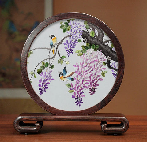 Flower and Birds Silk Embroidery Ornaments, Exclusive Business Presents, Creative Birthday Gift, Premium Souvenir, Traditional Chinese Suzhou Silk Embroidery-Silvia Home Craft