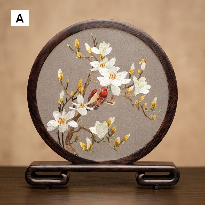 Exclusive Business Present, Flower and Bird Embroidered Decor, Unique Birthday Gift, Traditional Chinese Suzhou Embroidery Ornament, Premium Souvenir-Silvia Home Craft
