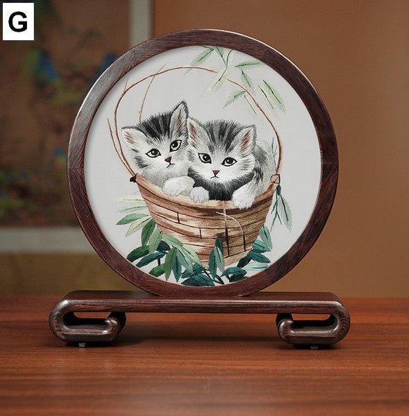 Exclusive Business Present, Lovely Kitty Cat Embroidered Decor, Premium Souvenir, Unique Birthday Gift, Traditional Chinese Suzhou Kitten Embroidery Ornament-Silvia Home Craft