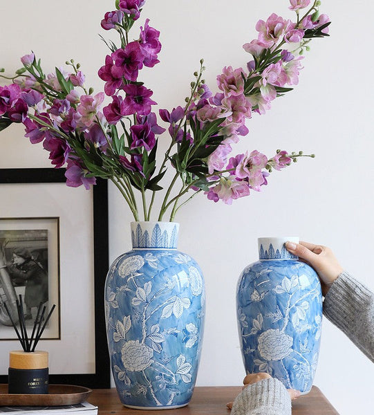 Centerpiece Ceramic Bouquet Vases, Handmade Modern Flower Vase, Large Flower Vases on Dining Table, Blue Porcelain Flower Vases-Silvia Home Craft