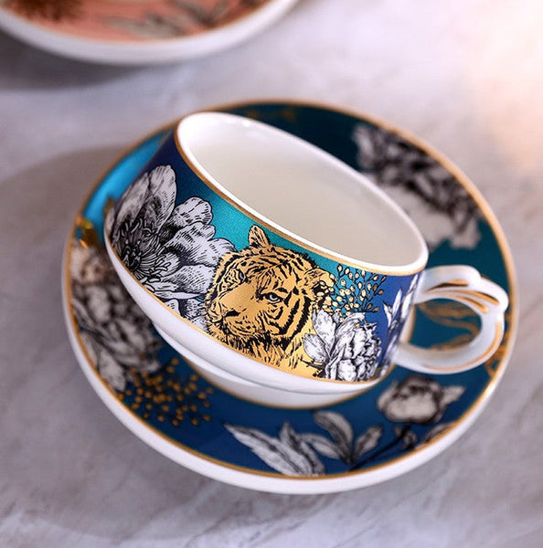 Creative Ceramic Tea Cup and Saucer, Jungle Tiger Cheetah Porcelain Coffee Cups, Unique Ceramic Cups with Gold Trim and Gift Box-Silvia Home Craft