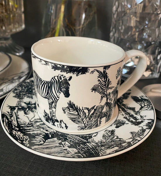 Royal Ceramic Cups, Elegant Ceramic Coffee Cups, 6.8 oz Tea Cup and Saucer in Gift Box, Zebra Jungle Porcelain Tea Cup Saucer Set-Silvia Home Craft