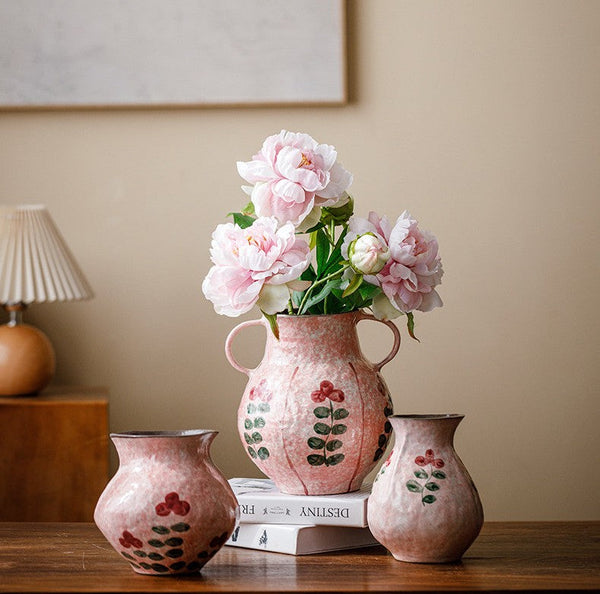 Handmade Water Holding Flower Vases, Rustic Pottery Flower Vases, Small Flower Vases on Table, Pink Bud Vases-Silvia Home Craft