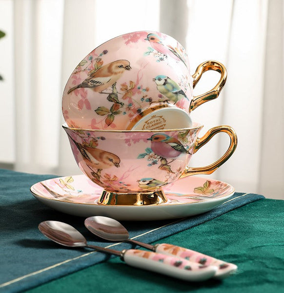 Unique Tea Cup and Saucer in Gift Box, Lovely Birds Ceramic Cups, 8 oz Ceramic Coffee Cups, Afternoon Porcelain Tea Cup Set-Silvia Home Craft